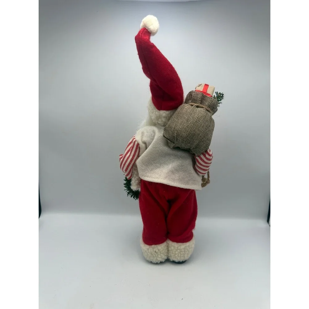 Vintage Style Standing Santa Claus Figurine Red White Striped Shirt Wreath